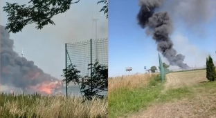 Pożar pola i kombajnu w Pełczycach. Droga zablokowana